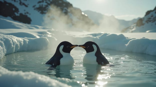 Two penguins are swimming in a body of water, one of which is looking at the other