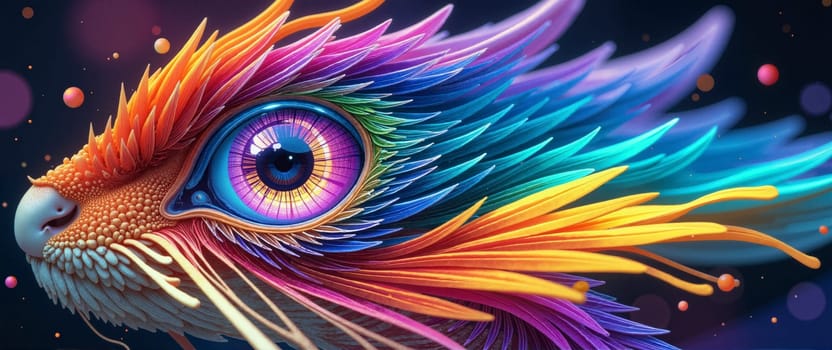 A colorful bird with a rainbow colored eye. The eye is large and has a bright blue center. The feathers are also colorful and spread out, giving the bird a vibrant and lively appearance