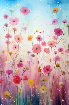 Bright pink, yellow, and orange flowers sway gently in a picturesque field, contrasting beautifully against a blue sky with soft clouds and splashes of color - Generative AI