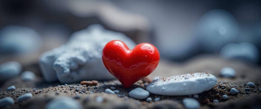 A red heart is on a rocky beach. The heart is surrounded by white rocks, and the scene has a peaceful and romantic mood