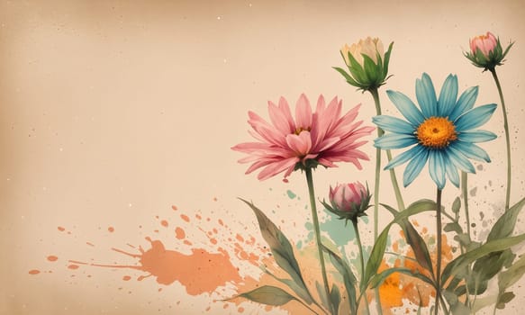A collection of vibrant watercolor flowers in pink and blue hues stands gracefully against a soft, muted background with playful paint splashes - Generative AI