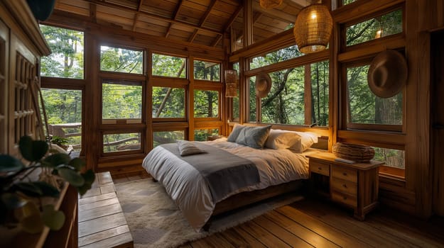 This tranquil bedroom features a wooden interior with large windows that frame the surrounding forest, creating a serene retreat filled with natural light - Generative AI