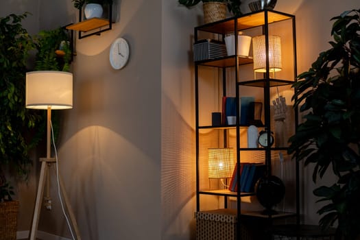 A cozy living space includes a wellarranged bookshelf, stylish lamp, and plants, creating a warm atmosphere