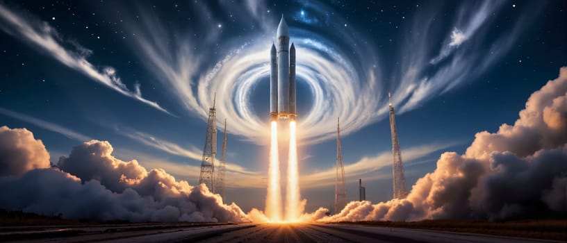 A rocket is launching into space with a large cloud of smoke trailing it. The sky is filled with clouds and stars, creating a sense of wonder and awe. The image conveys the excitement
