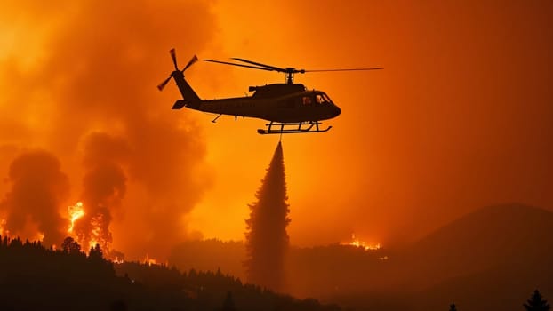 A helicopter is flying over a forest fire, spraying water on the flames. The scene is intense and dangerous, with the fire spreading rapidly and the helicopter working to contain it