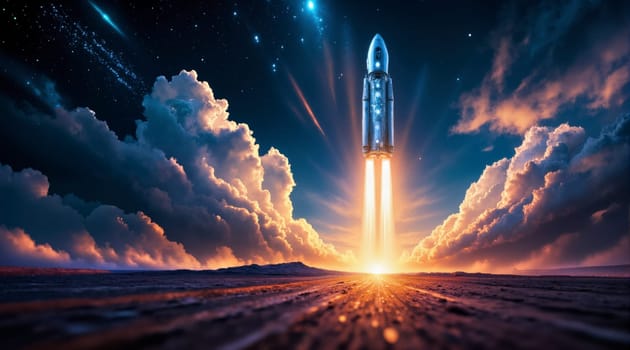 A rocket is launching into space with a large cloud of smoke trailing it. The sky is filled with clouds and stars, creating a sense of wonder and awe. The image conveys the excitement