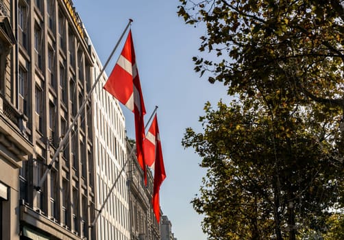 Central street of Paris The Avenue des Champs-Elysees with building and the Danish flag on it. Paris, France. High quality photo