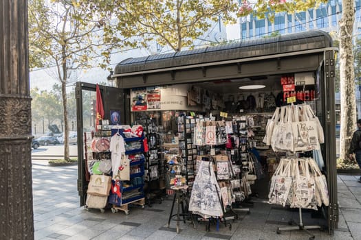 Souvenir shop in Paris with goods and symbols. Paris, France - November 24, 2024