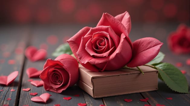 A box with two red roses on top of it. The roses are surrounded by heart-shaped confetti