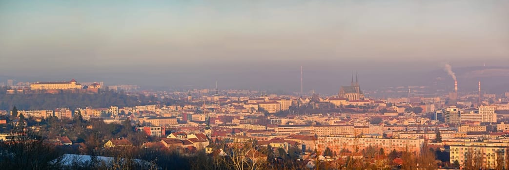 Brno city in the Czech Republic. Europe. Petrov - Cathedral of Saints Peter and Paul and Spilberk castle. Beautiful old architecture and a popular tourist destination. Photography of the city landscape in sunset. 