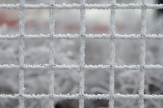 A minimalist close-up of a frosted metal grid, delicately coated in ice crystals, set against a soft, blurred winter background. The intricate patterns of the frost highlight the geometric symmetry of the grid, creating a serene and abstract winter composition.