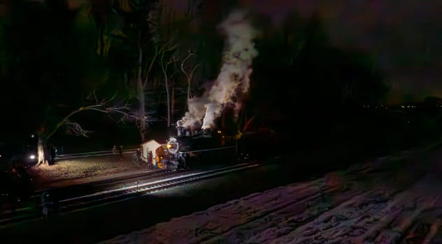 A vintage steam locomotive emits a plume of smoke as it pauses at a quaint station during the night. Soft lights from the station enhance the serene atmosphere, while stars twinkle above.