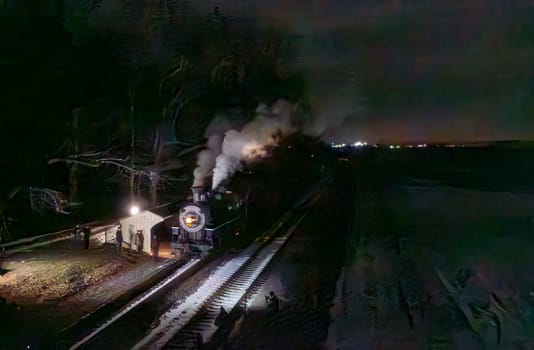 A vintage steam locomotive emits a plume of smoke as it pauses at a quaint station during the night. Soft lights from the station enhance the serene atmosphere, while stars twinkle above.