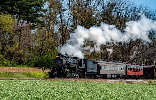 A classic steam locomotive pulls vintage passenger cars along a narrow track surrounded by vibrant green fields and trees under a clear blue sky.