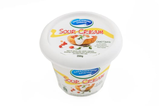 Gaziveren Cyprus -19.01.2025 Fresh sour cream sits invitingly on a kitchen counter, ready to elevate meals with its creamy richness and versatility.