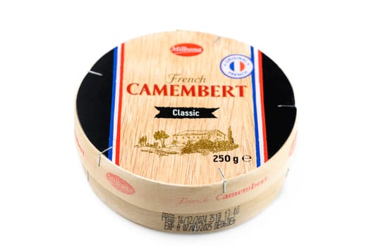 Gaziveren Cyprus -19.01.2025 Wrapped camembert cheese offers authentic flavors, inviting savory pairings for a delightful tasting experience.