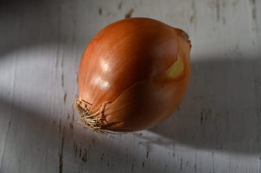 A single onion lies on an aged wooden surface, illuminated by soft light that accentuates its natural shine.
