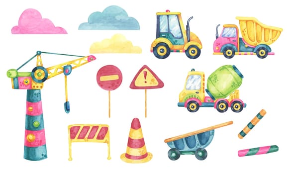 Colorful construction vehicles, clouds and road signs. Watercolor clipart set with concrete mixer, crane, dump truck and crane, cones, and barricades. Illustration set for party invites, stickers