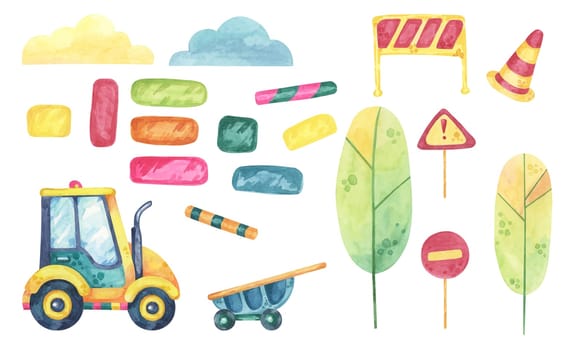 Construction-themed watercolor clipart set with a yellow tractor, red signs, striped barriers, cones, and leafy trees. Great for craft projects, classroom, stickers, wall art, and nursery decor