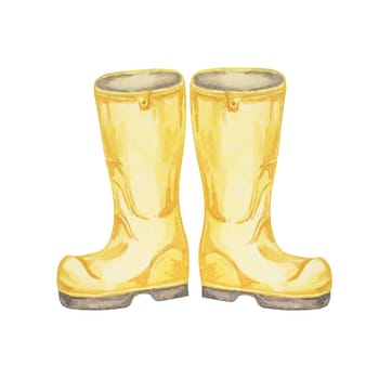 Bright Yellow rubber boots. Gardening shoes, farmer footwear for spring or autumn. Watercolor clipart, ideal for invitations, stickers, gardening-themed prints, or eco-friendly packaging designs