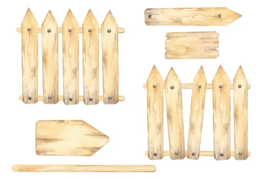 Wooden picket fence parts. Sign board and pointers set. Watercolor illustration. Hand drawn arrows from wood for rustic DIY designs, farm-themed crafts, invitations, , and garden-themed projects