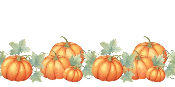 Pumpkin seamless border clipart showcases an arrangement of orange pumpkins with watercolor leaves, creating a festive design. Perfect for greeting cards, event decorations, and home decor projects