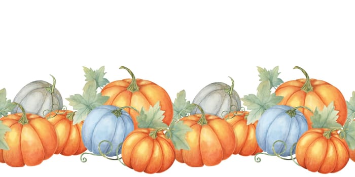 Pumpkin seamless border features watercolor pumpkins in shades of orange, blue and gray with leafy accents, perfect for autumnal designs. Clipart for event decor, posters, and packaging