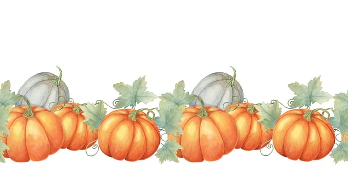 Pumpkin seamless border clipart combines orange and blue pumpkins with green leaves in a watercolor style, perfect for creating seasonal designs. Ideal for invitations, flyers, and home decor