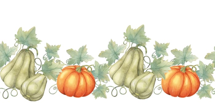 Squash seamless border clipart presents a mix of green, and orange gourds with watercolor leaves, ideal for creating harvest-themed designs. Perfect for stationery, scrapbooking, and fabric prints