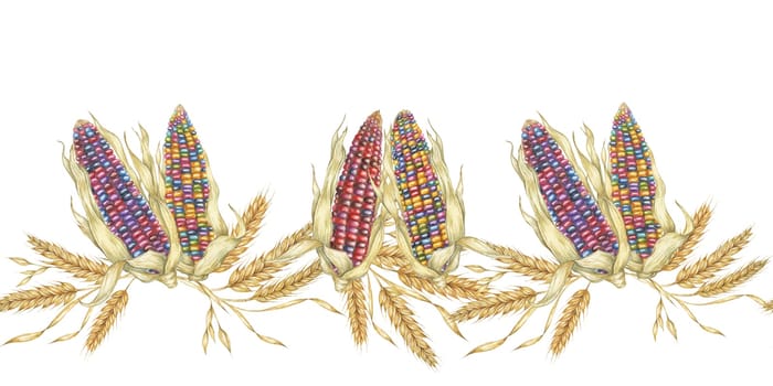 Corn seamless border clipart presents vibrant watercolor corn cobs in a seamless border, for adding an agricultural touch to your designs. Ideal for use in product packaging, flyers, and home decor