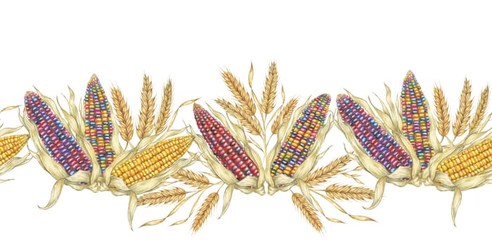 Corn seamless border clipart showcases colorful watercolor corn cobs in a seamless pattern, ideal for adding a festive and natural element to your designs, fabric patterns, brochures, and event decor