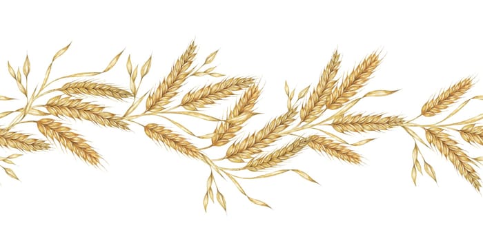 Wheat seamless border clipart with golden barley stalks in watercolor, ideal for enhancing agricultural or rustic-themed designs. Suitable for use in invitations, posters, and home decor items