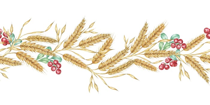 Wheat seamless border clipart showcases watercolor illustrations of wheat stalks interspersed with berries, adding a twist to your design projects. Great for holiday cards, scrapbooking, and gift wrap