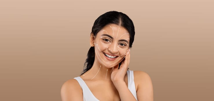 A lady is engaging in her beauty routine, smiling as she applies skincare products. The setting is isolated with a soft, neutral background that emphasizes her joy and pampering experience.