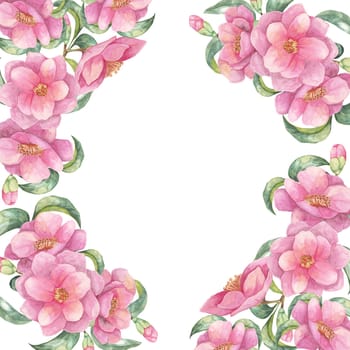 Pink camellia japonica watercolor clipart depicting blooming flowers adorning two sides of a square frame. Floral design ideal for wedding invitations, decorative cards, and digital designs