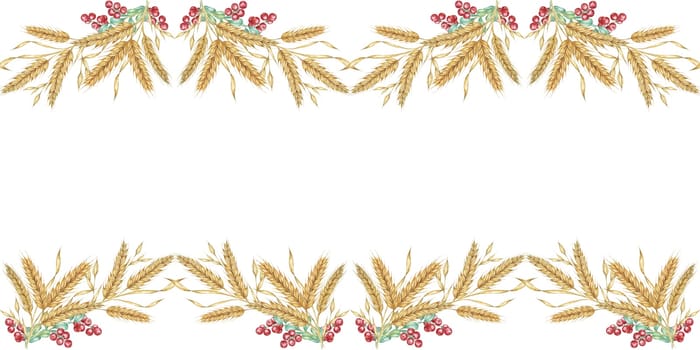 Wheat seamless border clipart with golden watercolor wheat stalks and ref cranberries for your designs. Ideal for use in digital and print projects, including cards, event decor and packaging