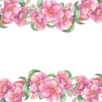 Camellia japonica watercolor illustration showing a pink floral border on a sides of square frame. Flowers clipart great for scrapbooking, printable art, and personalized gifts