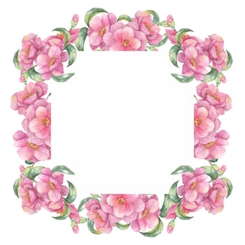 Pink camellia watercolor clipart with vibrant flowers creating a full border around a white square frame. Suitable for wedding invitations, social media graphics, and framed prints