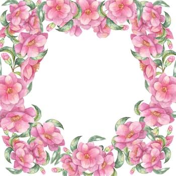 Camellia japonica watercolor clipart featuring a dense pink floral frame on a square background. Ideal for creating custom invitations, digital designs, scrapbooking, and decorative prints