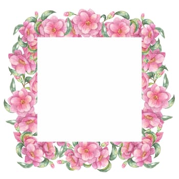 Camellia japonica watercolor clipart showcasing lush pink flowers surrounding a white square frame. This beautiful design is perfect for creating elegant cards, digital artwork, and personalized gifts