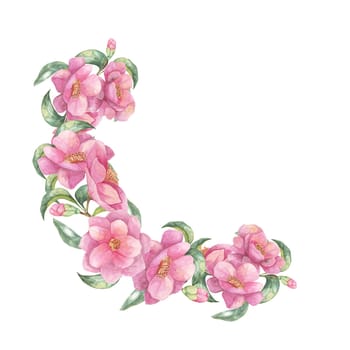Pink camellia japonica watercolor clipart with a refined floral frame. Wreath design element Ideal for event invitations, wedding decor, greeting cards, and printable products