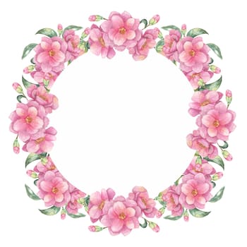 Camellia japonica watercolor clipart with an elegant floral wreath of pink flowers. Round frame Perfect for creating wedding invitations, greeting cards, and custom prints