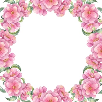 Pink camellia watercolor clipart displaying an oval floral frame with lush blooms. Hand drawn Illustration Suitable for designing event invitations, personalized stationery, and wall art