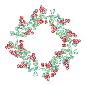 Cowberry watercolor clipart frame showcasing lush green leaves and bright red berries in a circular border. Ideal for Christmas cards, holiday decor, and seasonal event invitations