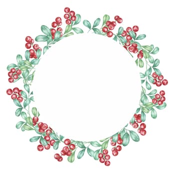 Red berries watercolor clipart frame with vibrant cranberries and green leaves forming a circular border. Ideal for festive greeting cards, holiday-themed digital designs, and seasonal decor