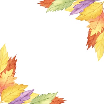 Leaves watercolor clipart frame featuring vibrant yellow, orange, and purple leaves arranged in the corners. Perfect for seasonal greeting cards, invitations, and autumn-themed digital designs
