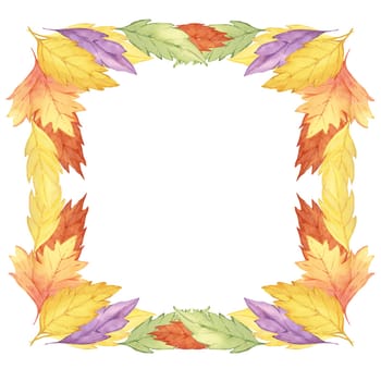 Autumn leaves watercolor clipart frame with colorful yellow, orange, and green leaves forming a rectangular border. Ideal for fall event invitations, scrapbooking, and seasonal stationery