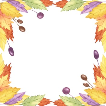 Autumn frame watercolor showcasing yellow, orange, and purple leaves with scattered berries forming a border. Use this clipart for Thanksgiving cards, seasonal banners, and decorative printables