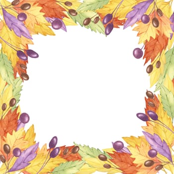 Autumn leaves watercolor clipart frame with a border of vibrant yellow, orange, and purple leaves and berries. Suitable for Thanksgiving invitations, seasonal decor, and digital designs