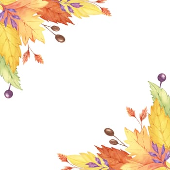 Autumn frame watercolor clipart showcasing a corner arrangement of yellow, orange, and purple leaves and berries. Perfect for fall event invitations, greeting cards, and seasonal digital art.